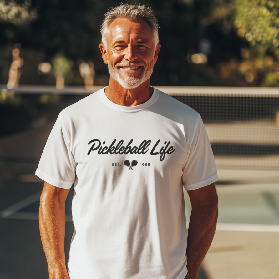 man wearing a white Pickleball Life pickleball t-shirt
