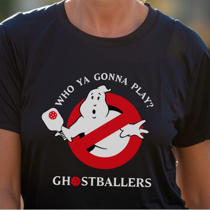 woman wearing a black Ghostballers pickleball t-shirt