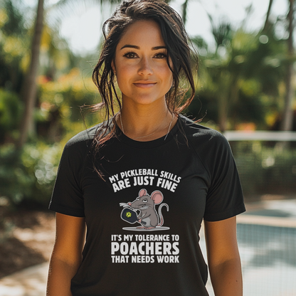 woman wearing a black cotton pickleball tee