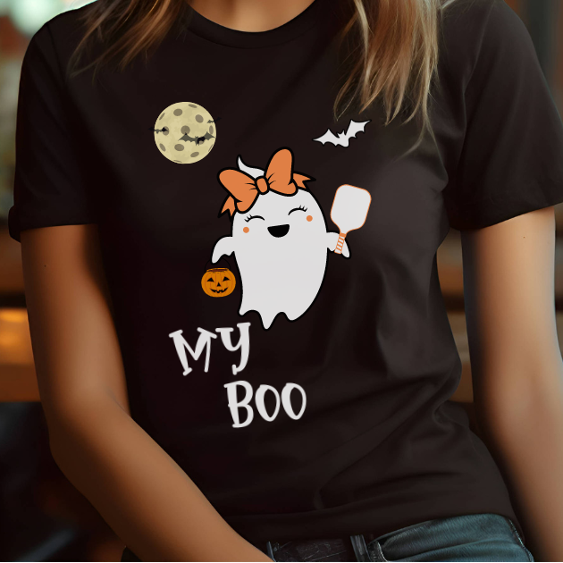 woman wearing a black pickleball t-shirt that says my boo with a female ghost holding a pickleball paddle