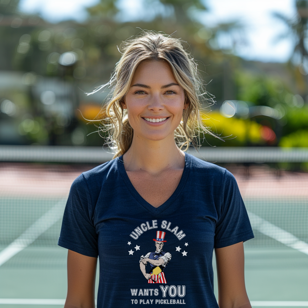 Uncle Slam Wants You to Play Pickleball Unisex V-neck Tee
