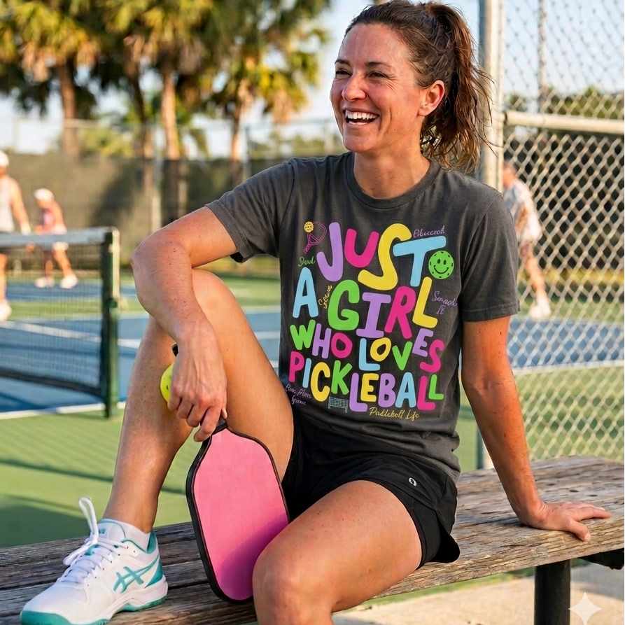 Woman sitting on a bench with pickleball equipment, wearing a colorful 'Just a Girl Who Loves Pickleball' shirt.