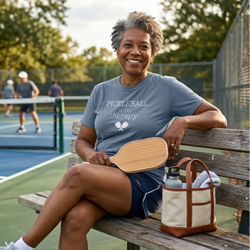 Woman sitting on a bench next to a pickleball court holding a pickleball paddle, wearing a comfort colors pickleball t-shirt with 'Pickleball is my therapy' on the front